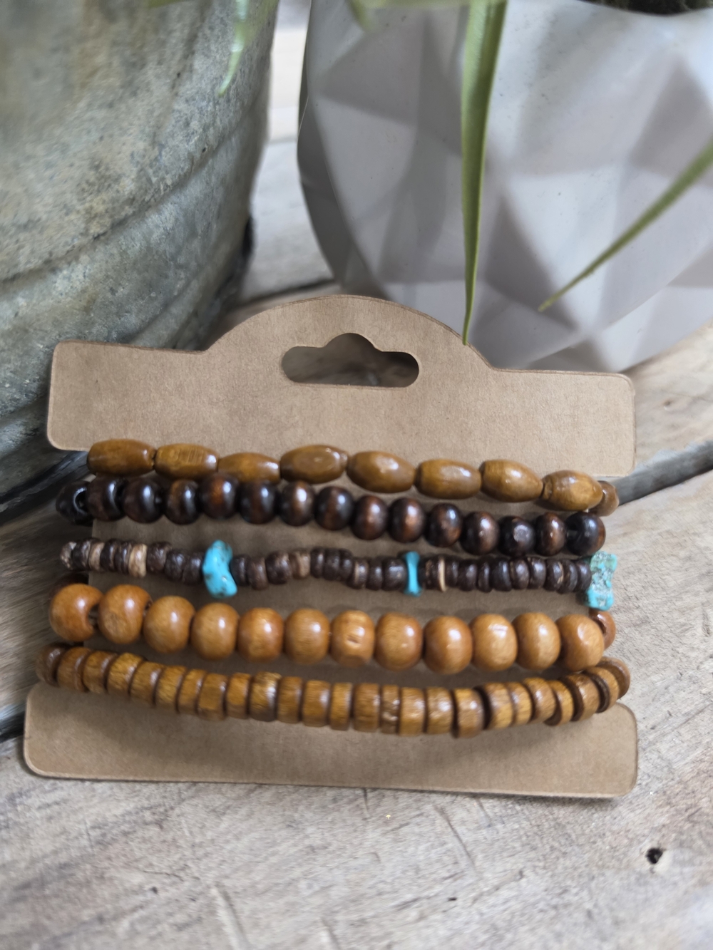 Boho Wood Bead Bracelet Set Turquoise Accent Stretch Bracelets Stackable 5 Pc - Picture 2 of 2